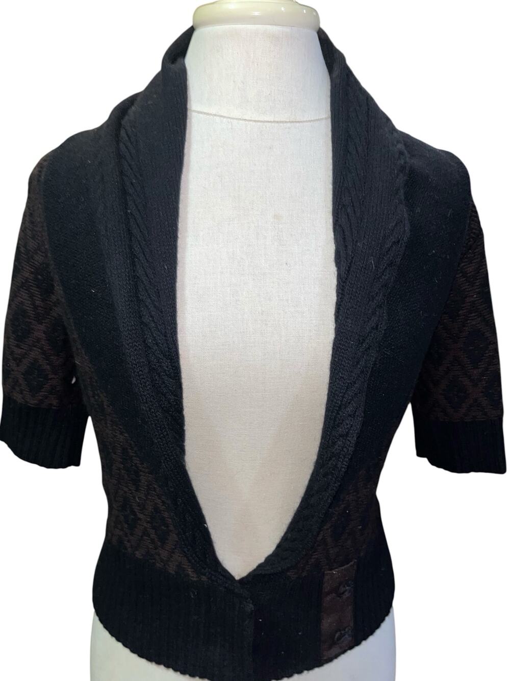 Vtg Ya-Ya Black Textured diamond Pattern-cashmere shrug Sweater-Women-L-1118